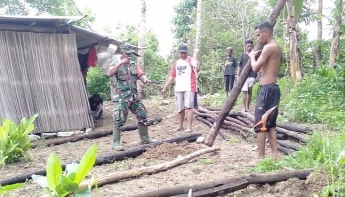 Peduli dan Ringankan Beban Warga, Babinsa Koramil Atapupu Bantu Bangun Rumah Warga